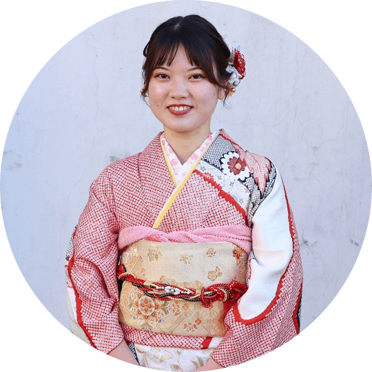 成人式振袖のピンクとベージュのお花半襟トータルコーデ