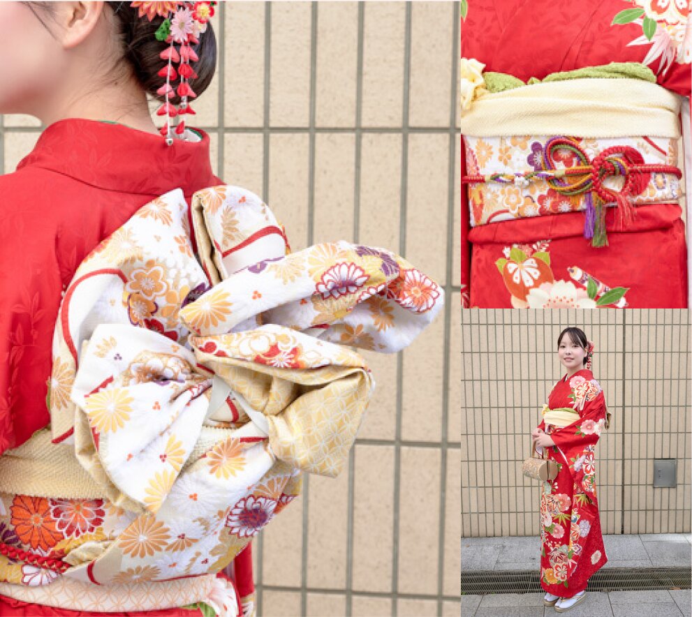 鮮やかな振袖と真逆の淡い帯を合わせることで、全体のバランスが上品に整ったコーディネート。２色重ねた帯揚げでカラーバランスを調整◎