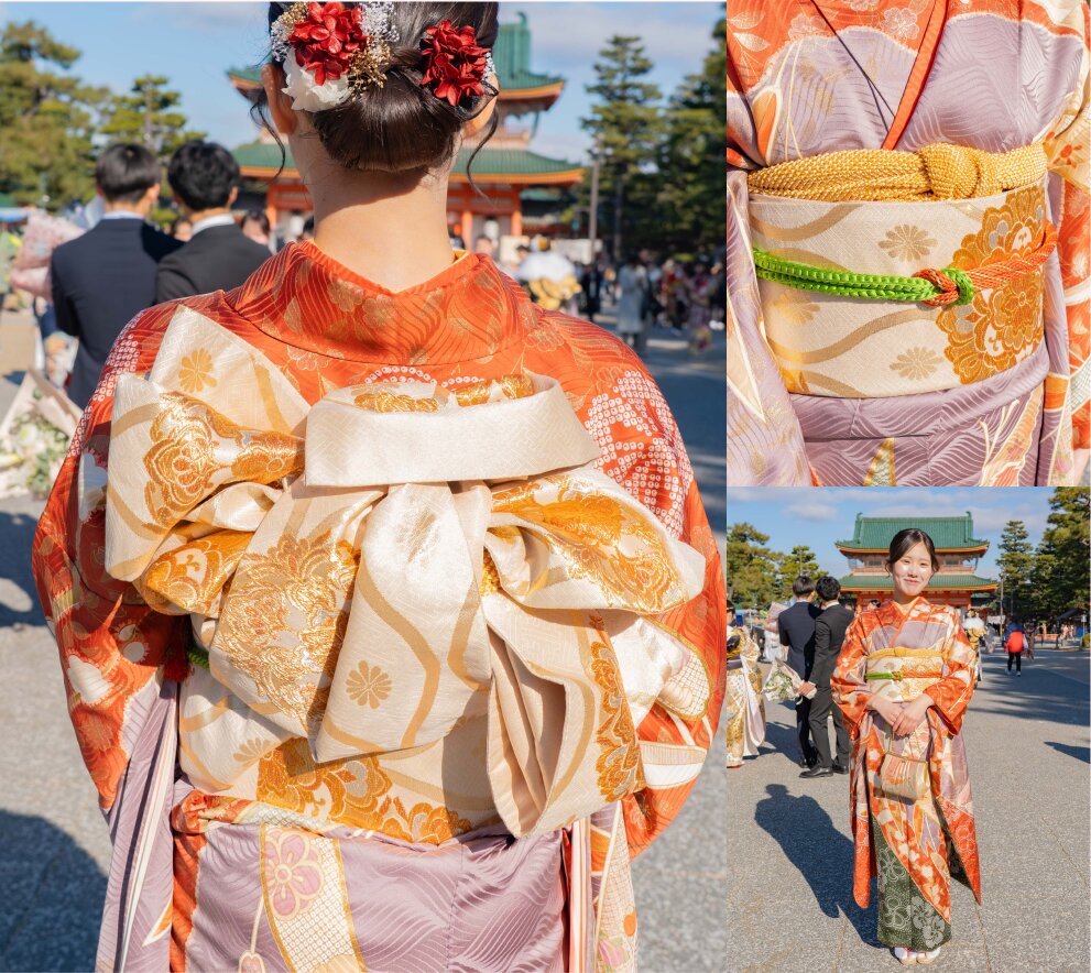 振袖の柄に合わせ、華やかな刺繍を飾ったリボン状の帯。帯締めのライムグリーンを差し色で添えて。
